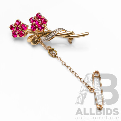 9ct Yellow Gold Double Flower Brooch with Rubies & Diamonds with Valuation