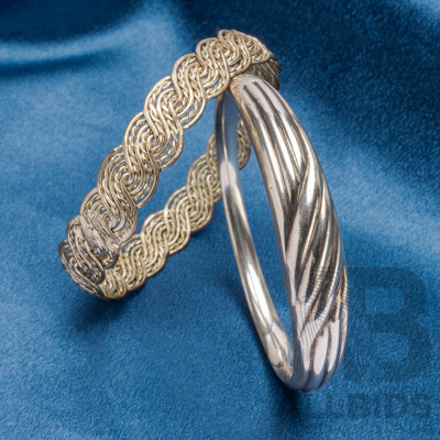 925 Sterling Silver Bangle and Silver Tone Bangle - Lot of 2