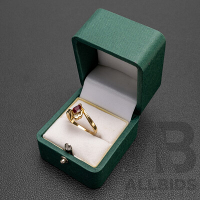 9ct Yellow Gold Pear Cut Ruby and Diamond Ring - Size R.5