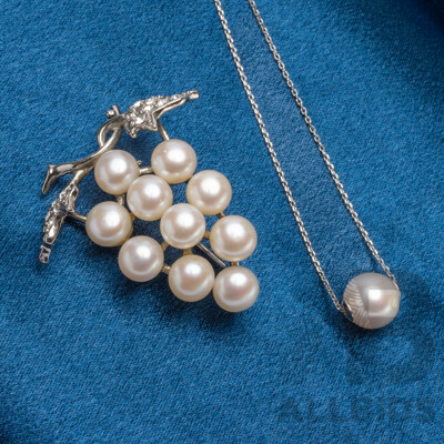 925 Sterling Silver Pearl Necklace and Silver Tone Pearl Brooch - Lot of 2