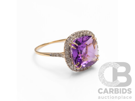 14ct Yellow Gold Natural Amethyst & Diamond Ring with Valuation - Size N