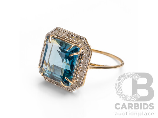 14ct Yellow Gold Natural London Blue Topaz & Diamond Ring with Valuation - Size N.5