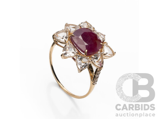 14ct Yellow Gold Natural Unheated, Untreated Ruby / Natural White Topaz & Diamond Ring with Valuation - Size L