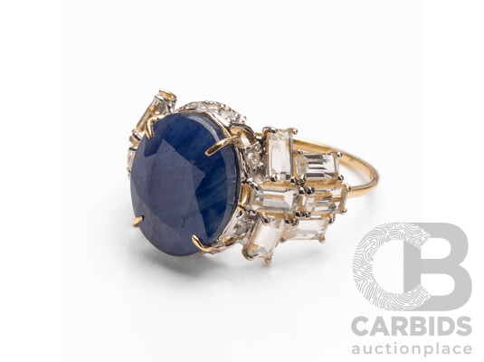 14ct Yellow Gold Natural Unheated, Untreated Sapphire / Natural White Topaz & Diamond Ring with Valuation - Size L