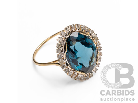 14ct Yellow Gold Natural London Blue Topaz & Diamond Ring with Valuation - Size O