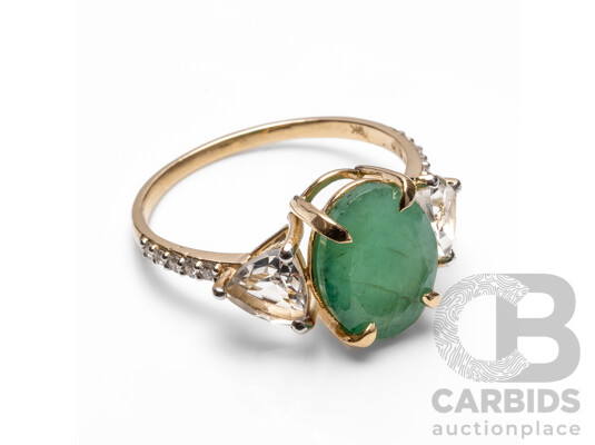 9ct Yellow Gold Natural Emerald / Natural White Topaz & Diamond Ring with IGI Valuation - Size N.5