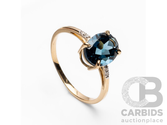 Yellow Gold Natural London Blue Topaz & Diamond Ring with IGI Valuation - Size N.5