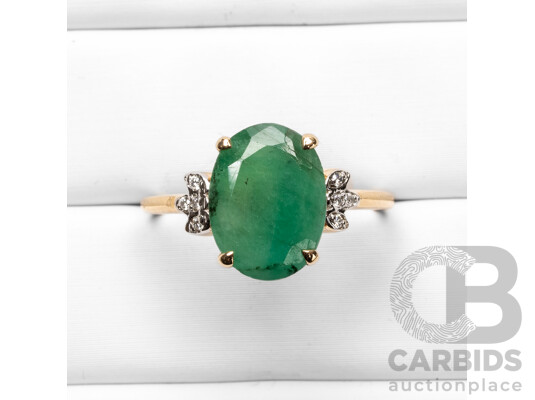9ct Yellow Gold Natural Emerald & Diamond Ring with IGI Valuation - Size N