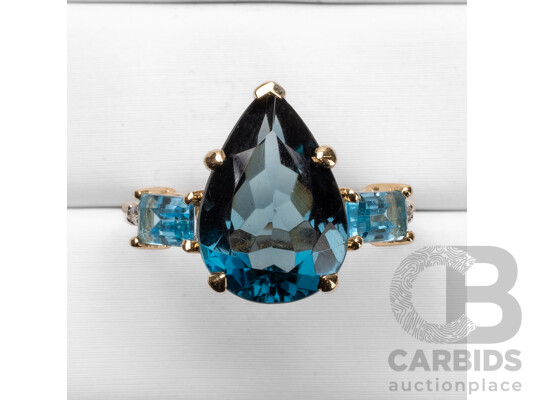 9ct Yellow Gold Natural London Blue Topaz/Natural Blue Topaz & Diamond Ring with IGI Valuation - Size N