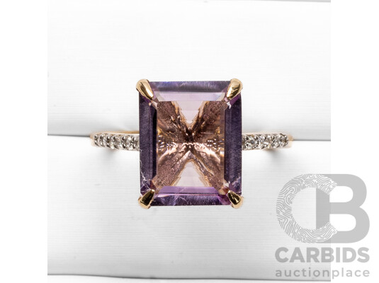 9ct Yellow Gold Natural Amethyst & Diamond Ring with IGI Valuation - Size N