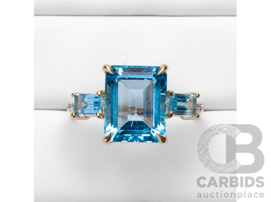 9ct Yellow Gold Natural Swiss Blue Topaz/Natural Blue Topaz & Diamond Ring with IGI Valuation - Size N.5