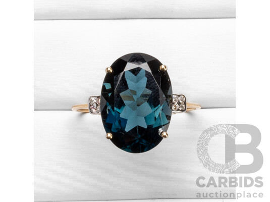 9ct Yellow Gold Natural London Blue Topaz & Diamond Ring with IGI Valuation - Size O