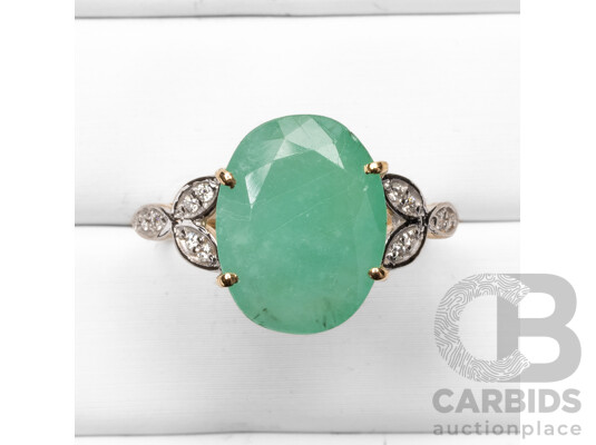 9ct Yellow Gold Natural Emerald & Diamond Ring with IGI Valuation - Size O
