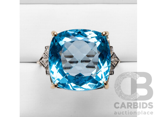 9ct Yellow Gold Natural Swiss Blue Topaz & Diamond Ring with IGI Valuation - Size O