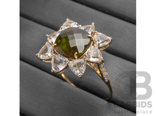 9ct Yellow Gold Natural Tourmaline / Natural White Topaz & Diamond Ring with Valuation - Size L.5
