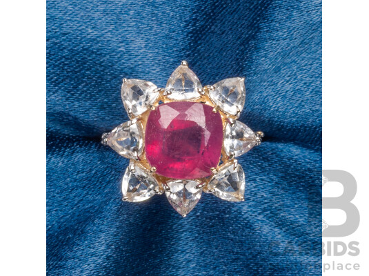 9ct Yellow Gold Natural Ruby / Natural White Topaz & Diamond Ring with Valuation - Size L.5