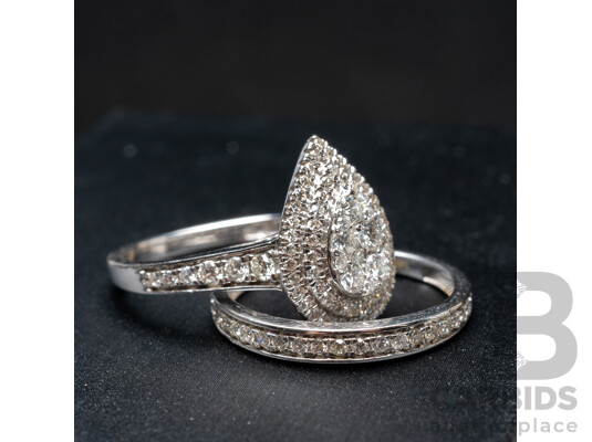 18ct White Gold Pear Ring & Wedder with 1ct of Natural Diamonds Bridal Set - Size N.5