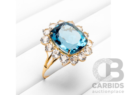 14ct Yellow Gold Natural London Blue Topaz / Natural White Topaz Ring with Valuation - Size N
