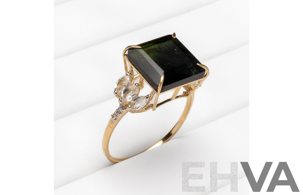 9ct Yellow Gold Natural Tourmaline, Topaz & Diamond Ring with Valuation - Size N