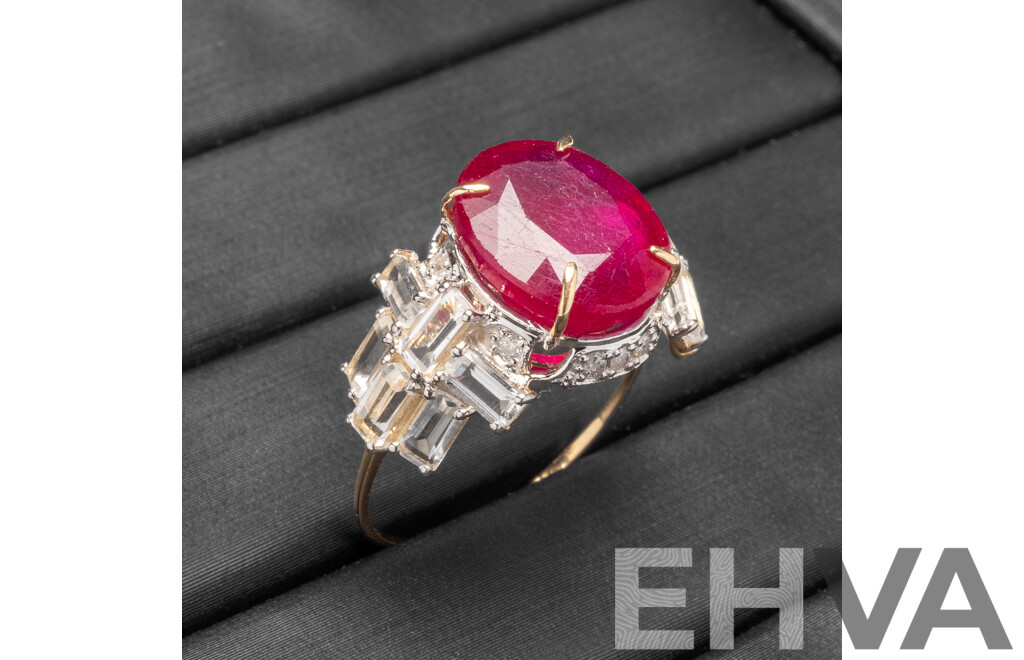 9ct Yellow Gold Natural Ruby, Topaz & Diamond Ring with Valuation - Size L.5