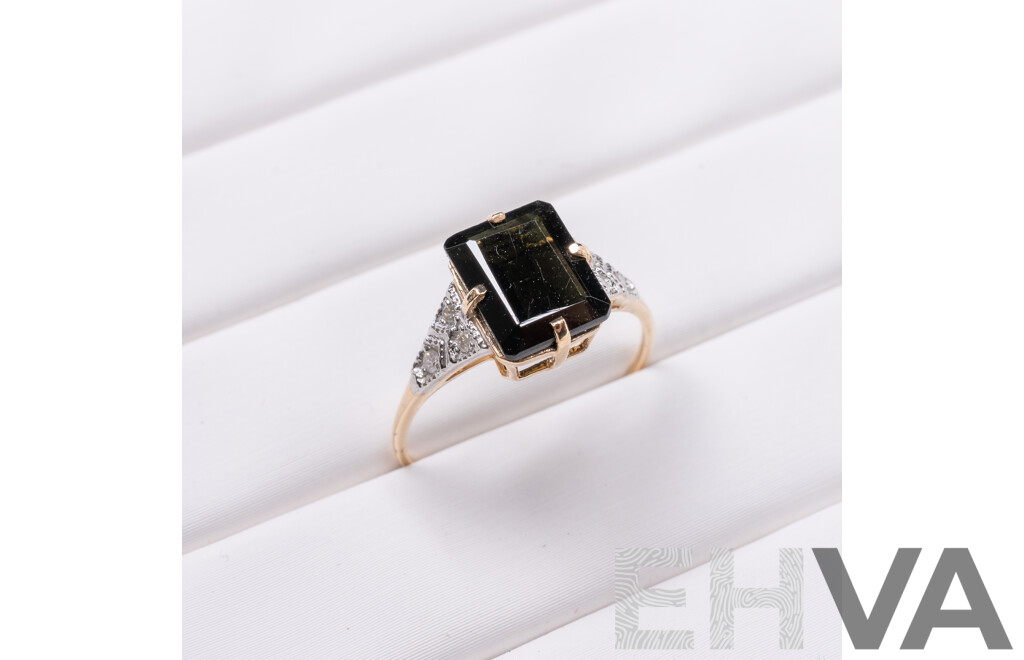 9ct Yellow Gold Natural Tourmaline & Diamond Ring with Valuation - Size L.5