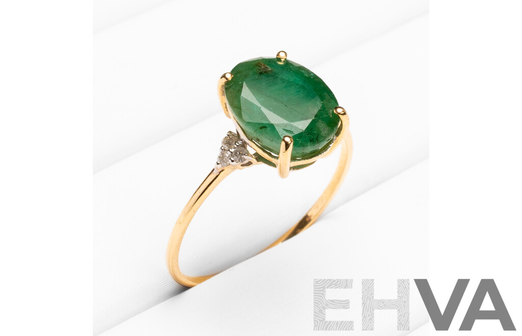 9ct Yellow Gold Natural Emerald & Diamond Ring with Valuation - Size O