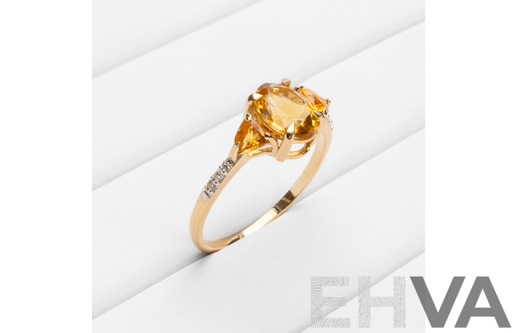 9ct Yellow Gold Natural Citrine & Diamond Ring with Valuation - Size N.5