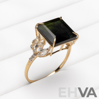 9ct Yellow Gold Natural Tourmaline, Topaz & Diamond Ring with Valuation - Size N