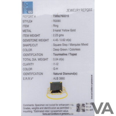 9ct Yellow Gold Natural Tourmaline, Topaz & Diamond Ring with Valuation - Size N