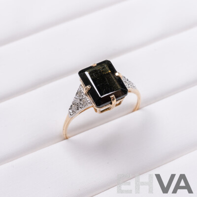 9ct Yellow Gold Natural Tourmaline & Diamond Ring with Valuation - Size L.5