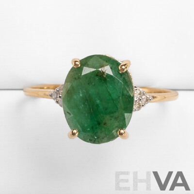 9ct Yellow Gold Natural Emerald & Diamond Ring with Valuation - Size O