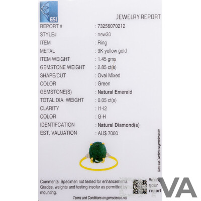 9ct Yellow Gold Natural Emerald & Diamond Ring with Valuation - Size O