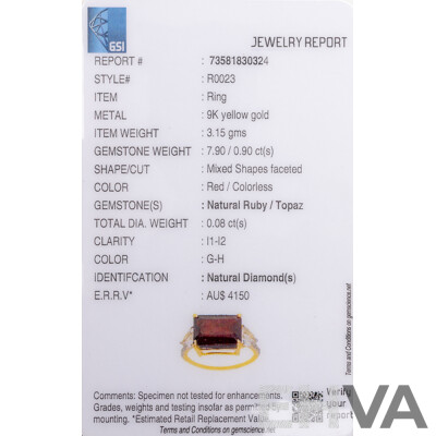 9ct Yellow Gold Natural Ruby & Diamond Ring with Valuation - Size O