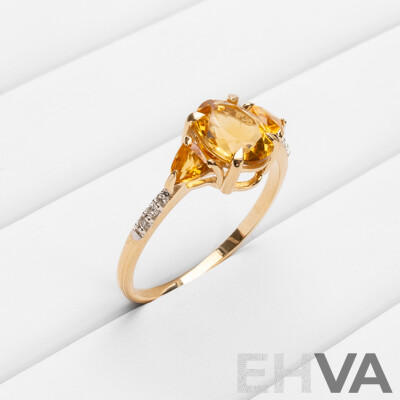 9ct Yellow Gold Natural Citrine & Diamond Ring with Valuation - Size N.5