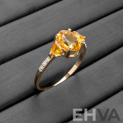 9ct Yellow Gold Natural Citrine & Diamond Ring with Valuation - Size N.5