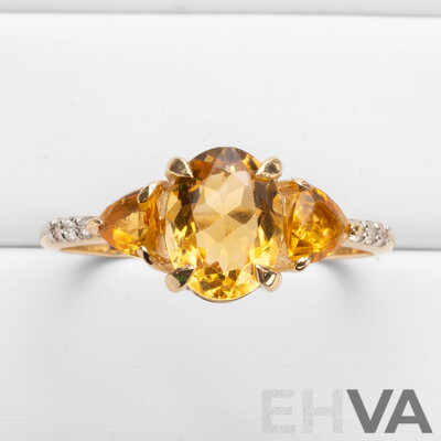 9ct Yellow Gold Natural Citrine & Diamond Ring with Valuation - Size N.5