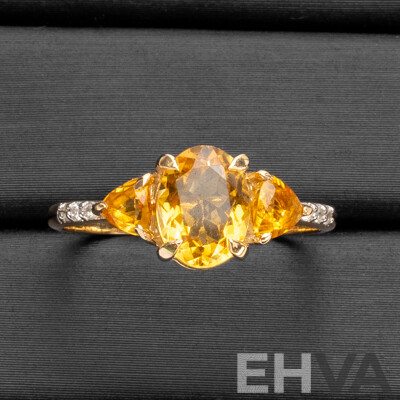 9ct Yellow Gold Natural Citrine & Diamond Ring with Valuation - Size N.5