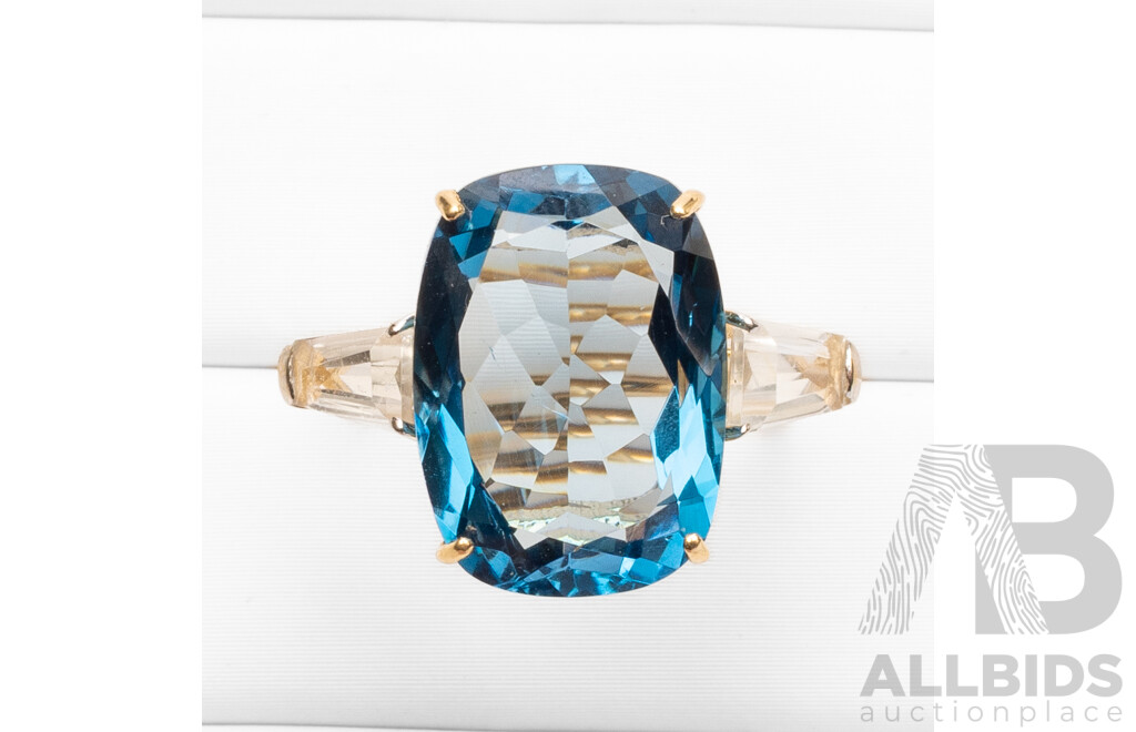 14k Yellow Gold Natural London Blue Topaz / Natural White Topaz Ring with Valuation - Size K.5
