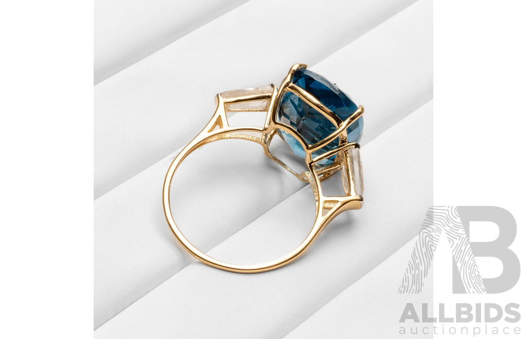 14k Yellow Gold Natural London Blue Topaz / Natural White Topaz Ring with Valuation - Size K.5