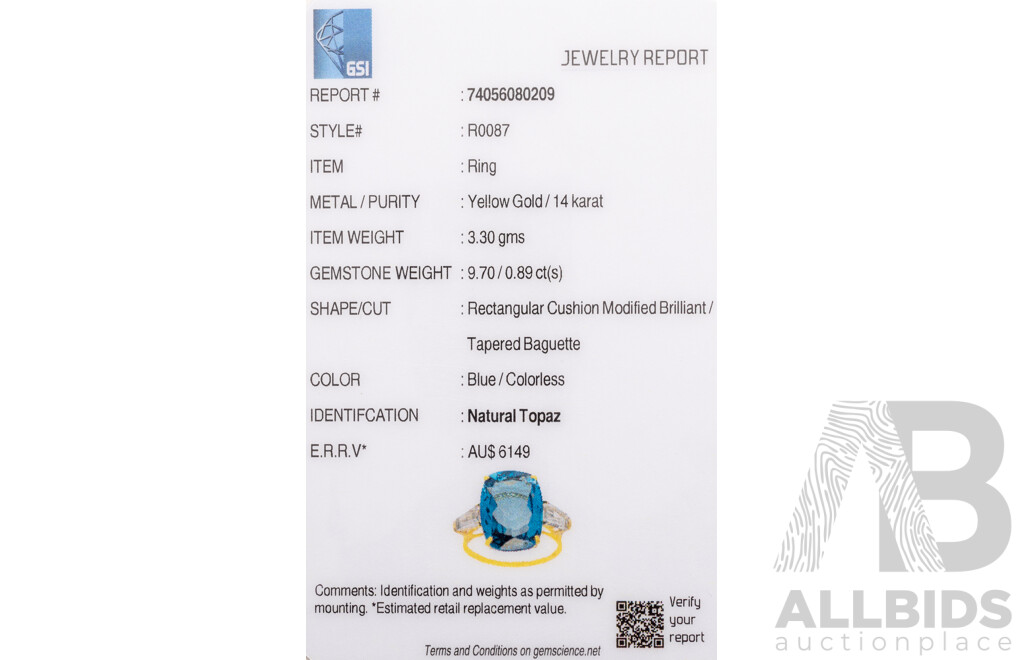 14k Yellow Gold Natural London Blue Topaz / Natural White Topaz Ring with Valuation - Size K.5