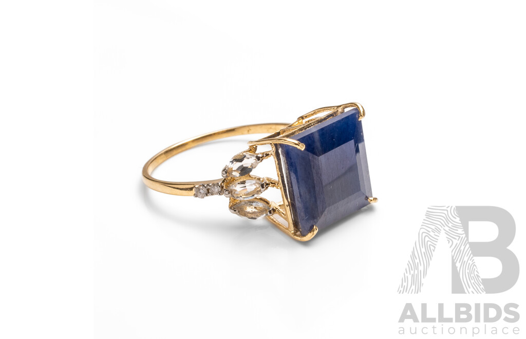 14ct Yellow Gold Natural Unheated, Untreated Sapphire / Natural White Topaz & Diamond Ring with Valuation - Size N
