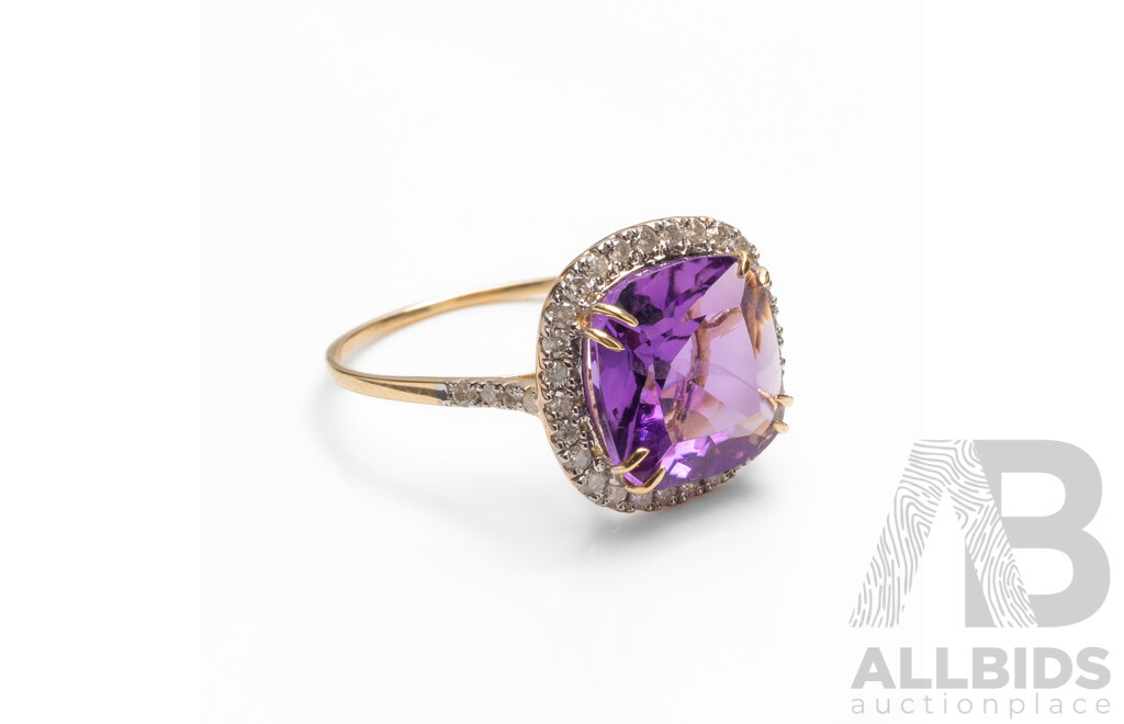 14ct Yellow Gold Natural Amethyst & Diamond Ring with Valuation - Size N