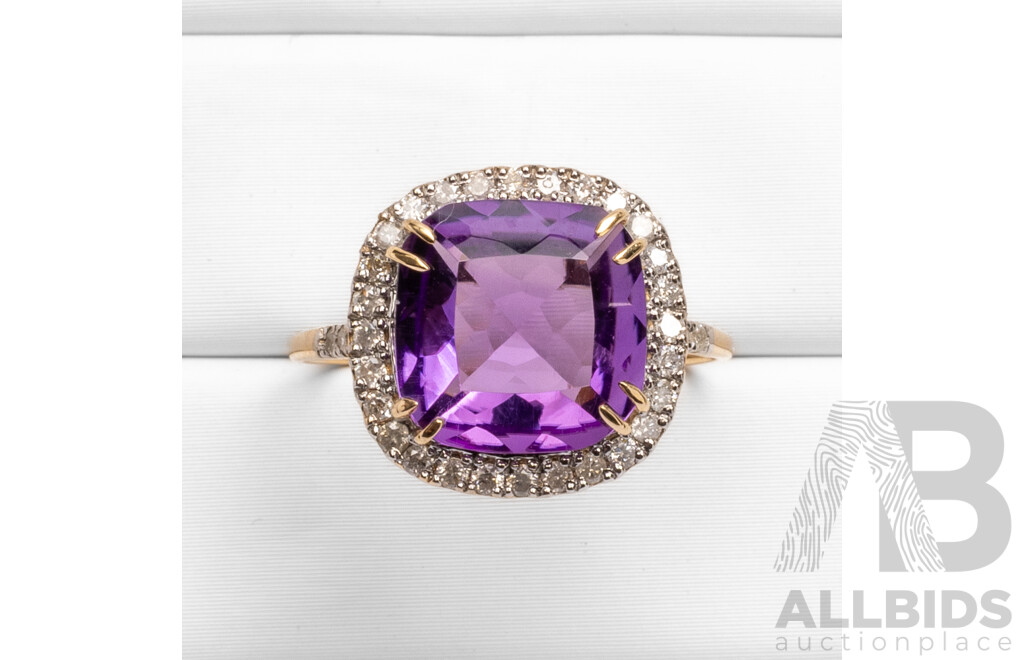 14ct Yellow Gold Natural Amethyst & Diamond Ring with Valuation - Size N