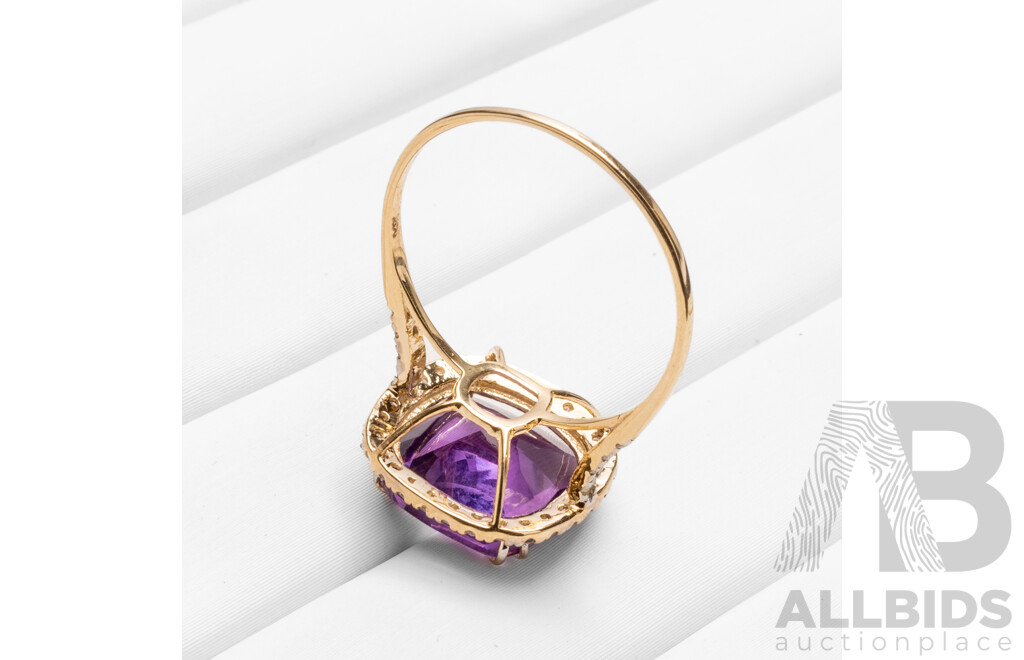 14ct Yellow Gold Natural Amethyst & Diamond Ring with Valuation - Size N