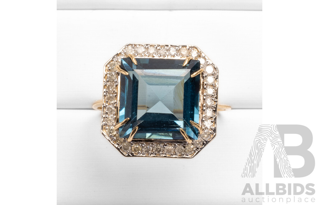 14ct Yellow Gold Natural London Blue Topaz & Diamond Ring with Valuation - Size N.5