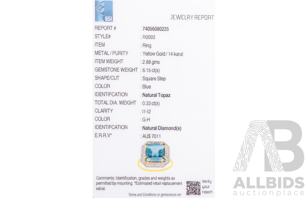 14ct Yellow Gold Natural London Blue Topaz & Diamond Ring with Valuation - Size N.5
