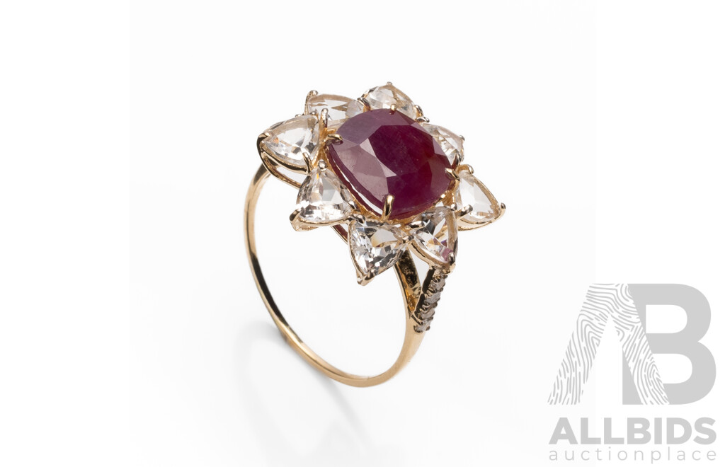 14ct Yellow Gold Natural Unheated, Untreated Ruby / Natural White Topaz & Diamond Ring with Valuation - Size L