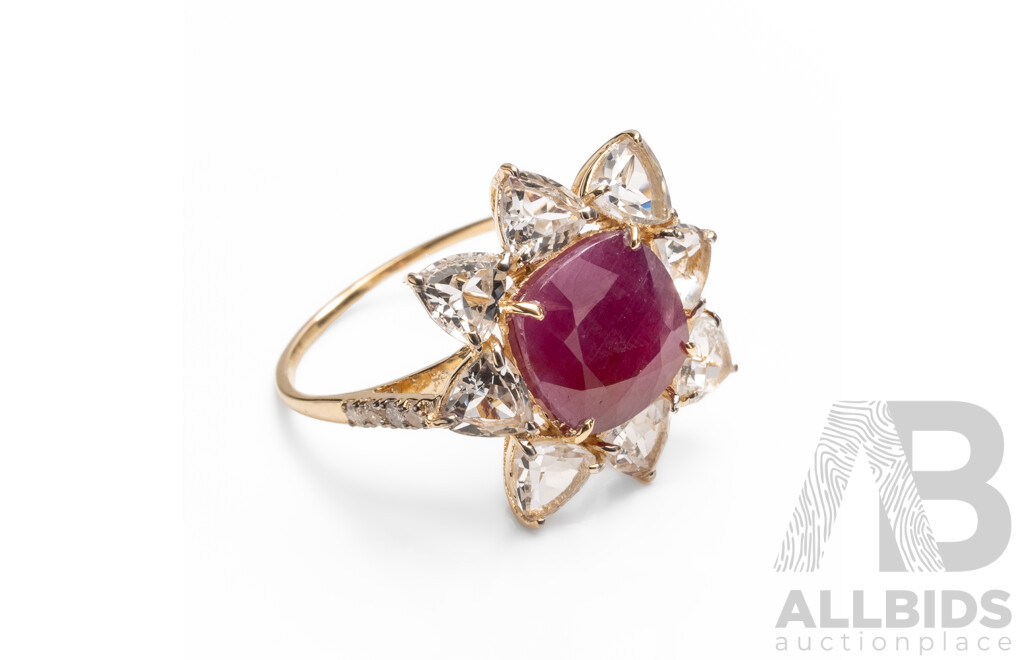 14ct Yellow Gold Natural Unheated, Untreated Ruby / Natural White Topaz & Diamond Ring with Valuation - Size L