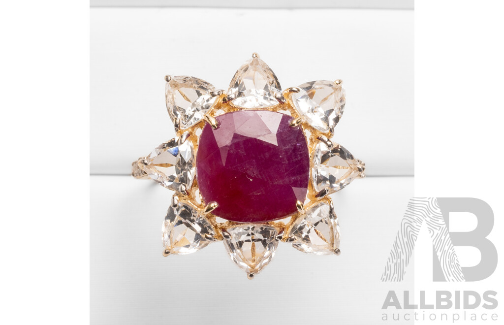 14ct Yellow Gold Natural Unheated, Untreated Ruby / Natural White Topaz & Diamond Ring with Valuation - Size L