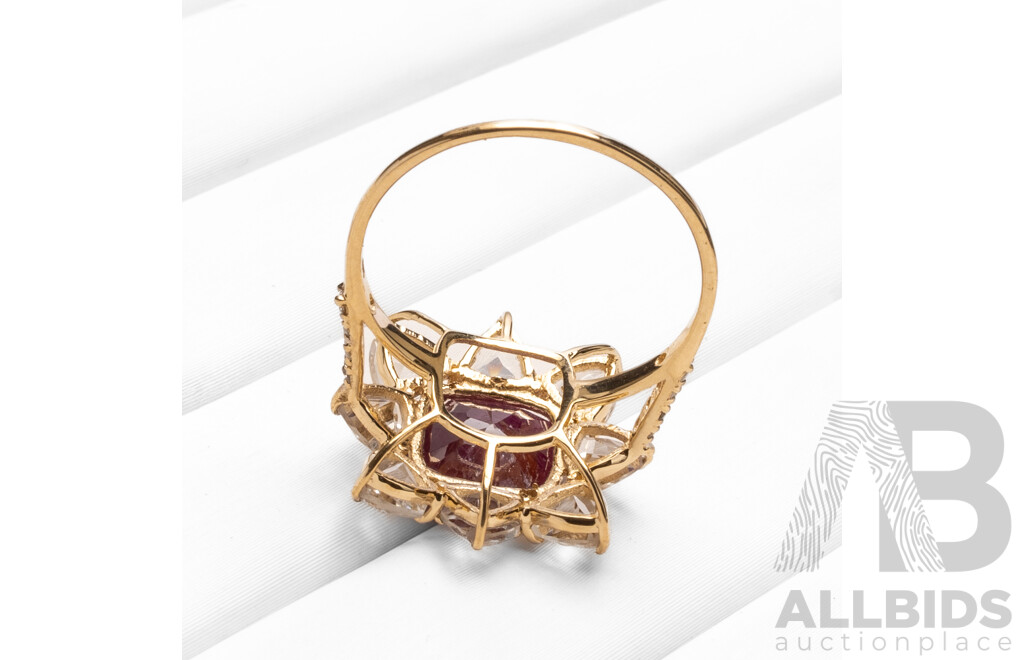 14ct Yellow Gold Natural Unheated, Untreated Ruby / Natural White Topaz & Diamond Ring with Valuation - Size L